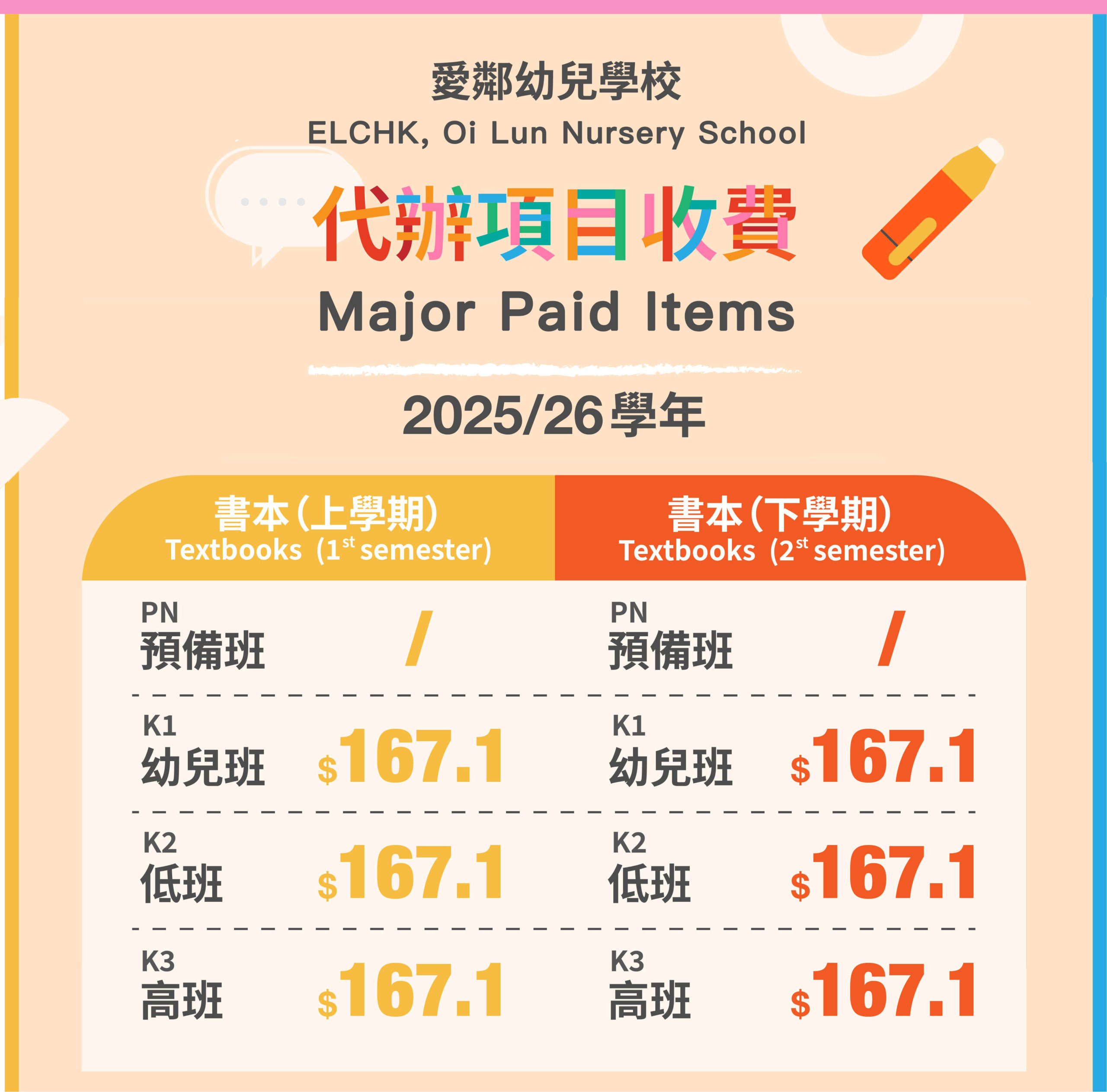 愛鄰幼兒學校ELCHK, Oi Lun Nursery School_書本收費